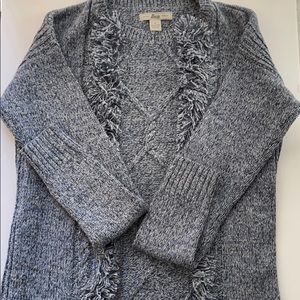 Bass women’s blue and white sweater with front fringe. New. Size S. Made in USA